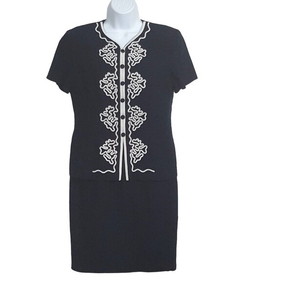 Vintage 80s Dress 8P Sheath Navy Blue White Piping Knee Lined Zip Linen Blend - Picture 3 of 8